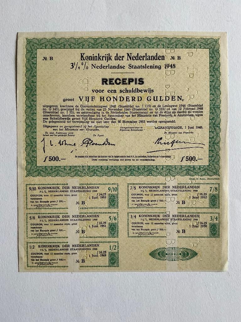 3¼% Staatslening 1948, Recepis 500 Gulden, Specimen, Postzegels en Munten, Aandelen en Waardepapieren, Ophalen of Verzenden, 1920 tot 1950
