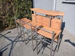 Teak houten inklapbare bar met 4 barkrukken, Ophalen, Zo goed als nieuw, Teakhout, 4 zitplaatsen