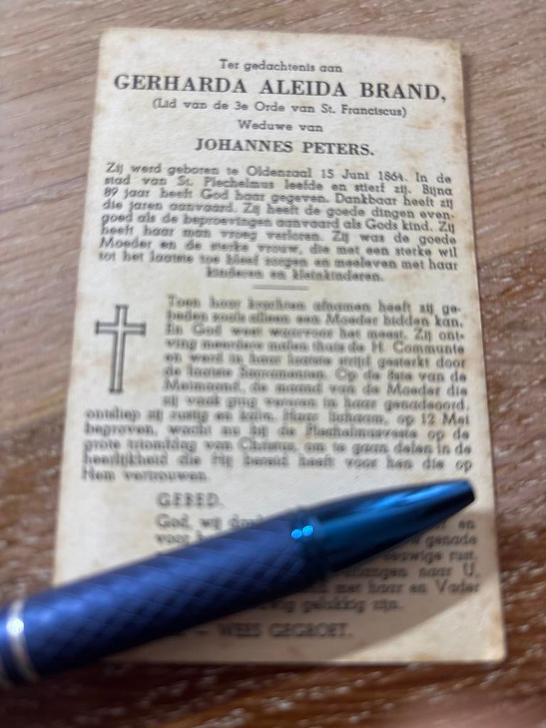 Brand Gerharda 1864 Oldenzaal 1953 x Peters -E00144, Verzamelen, Bidprentjes en Rouwkaarten, Ophalen of Verzenden, Bidprentje