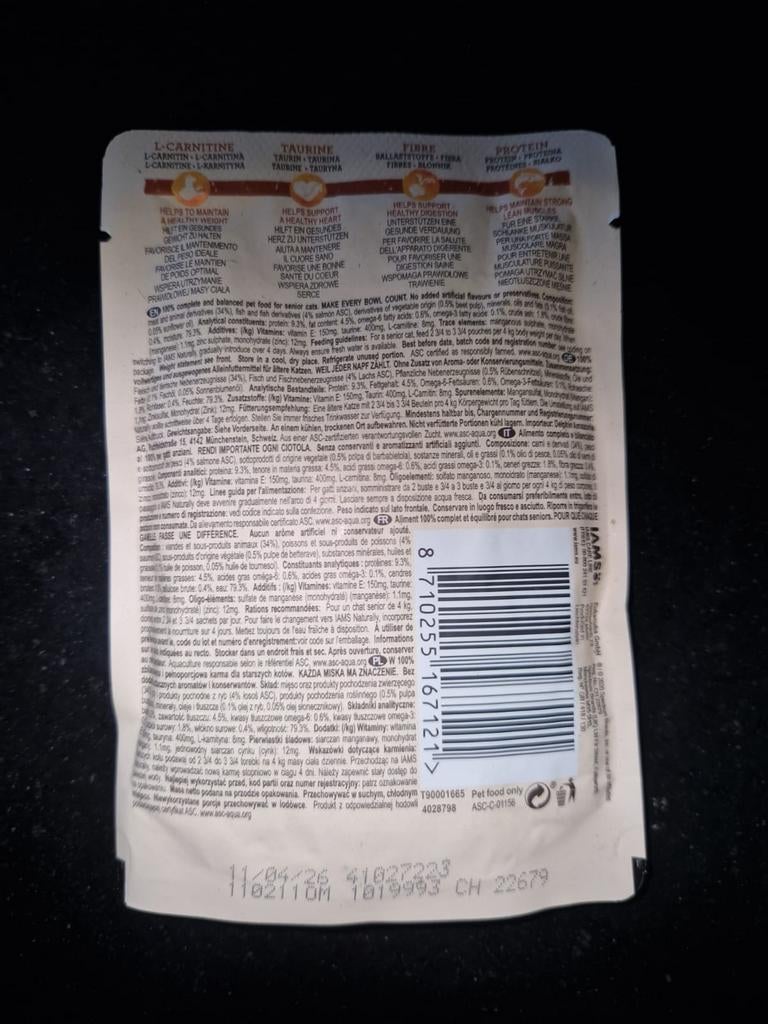 Iams pouch naturally zalm senior 7+  85gram, Ophalen of Verzenden, Kat