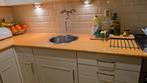 Complete hoekkeuken met houten blad en apparatuur, Huis en Inrichting, Keuken | Complete keukens, Gebruikt, Wit, Hoekkeuken, Ophalen of Verzenden