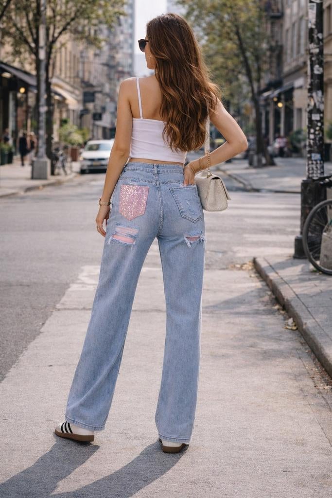 Hello Miss viral tiktok jeans met glitter kontzak van het me, Ophalen of Verzenden, Zo goed als nieuw, Blauw, W27 (confectie 34) of kleiner