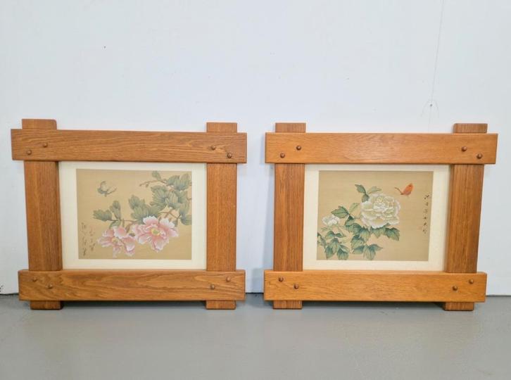 Set zijde schilderij Japandi brutalist eiken lijst handmade, Huis en Inrichting, Woonaccessoires | Wanddecoraties, Gebruikt, Ophalen of Verzenden