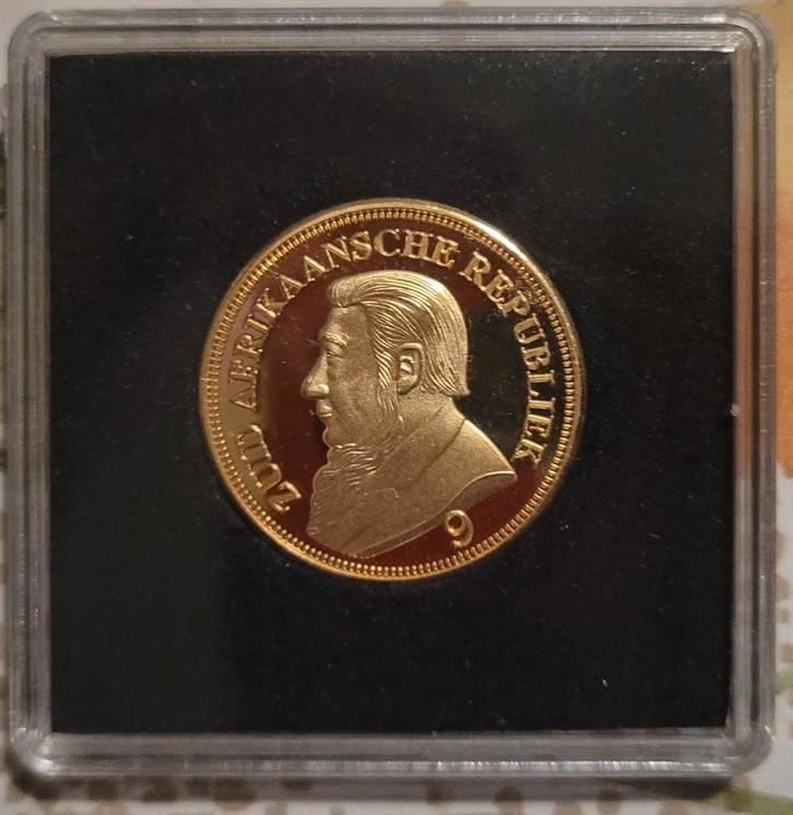 Officiële Herslag Krugerrand 1898 Single 9 Goud Verguld, Postzegels en Munten, Munten | Azië, Losse munt, Goud, Ophalen