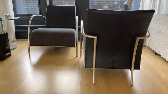 2 Lomas fauteuils Montis - stof en leer, staal frame, grijs, Huis en Inrichting, Ophalen, Gebruikt, 75 tot 100 cm, Leer