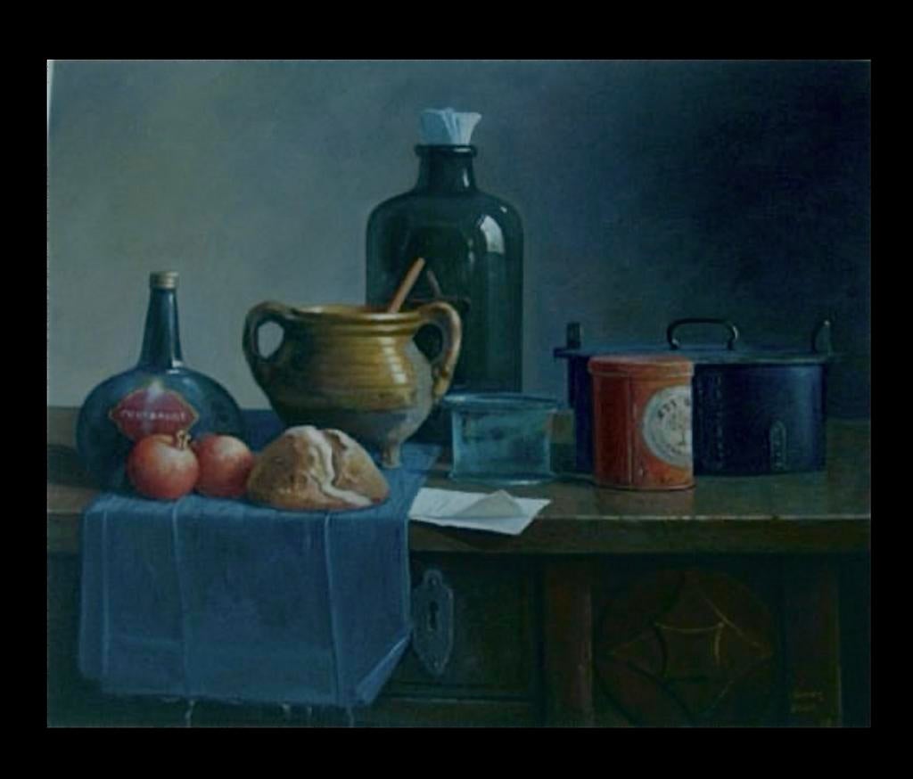 Stilleven met fles, pot, brood en appels, Ophalen of Verzenden