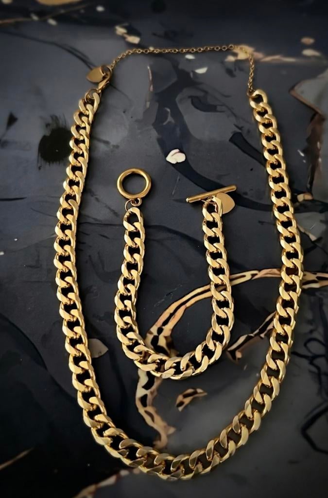 Gouden schakel RVS armband met ketting, Ophalen of Verzenden, Nieuw, Goud, Overige materialen