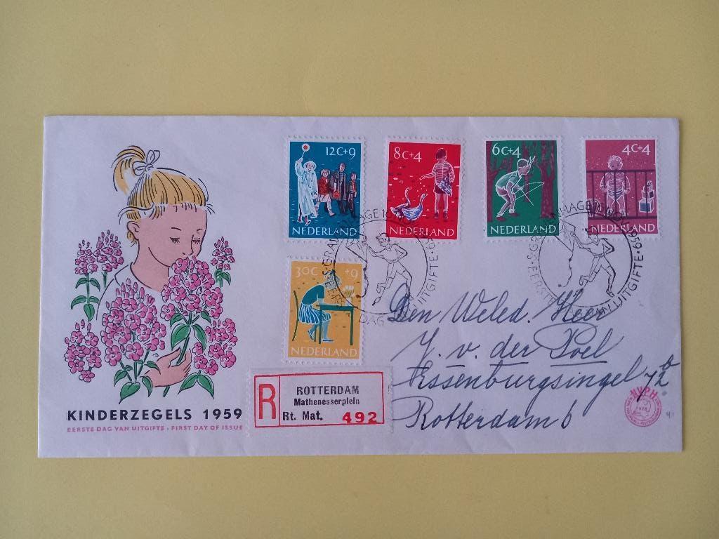 1959 Kinderzegels FDC E41 met open klep e1, Postzegels en Munten, Verzenden, Beschreven, Nederland