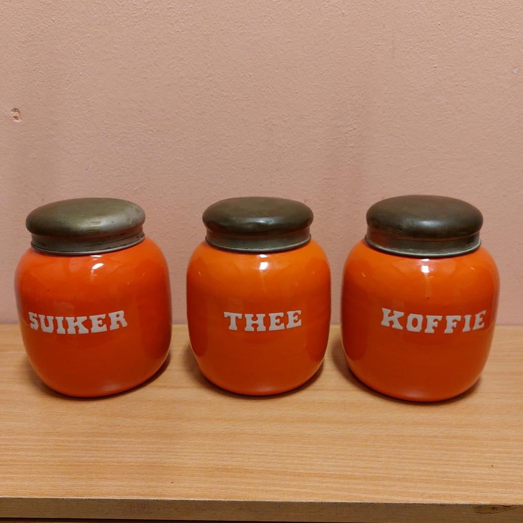 Set van 3 oranje voorraadpotten: Suiker, Thee, Koffie, Antiek en Kunst, Antiek | Emaille, Ophalen of Verzenden
