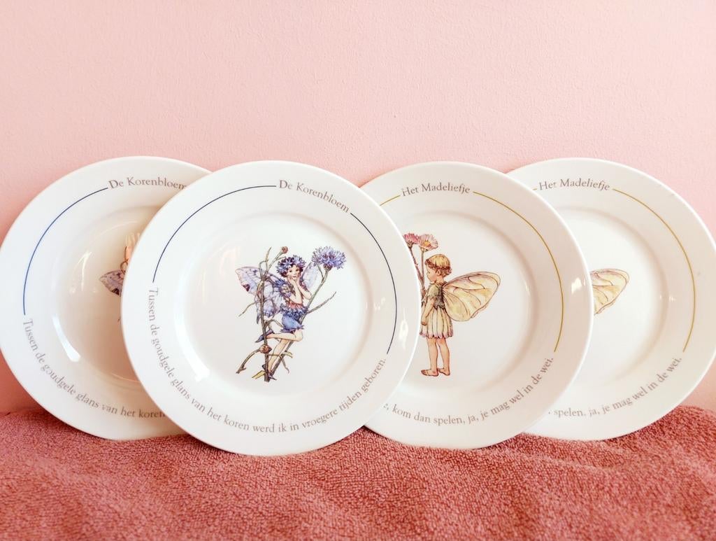 4 Flower Fairies ontbijtborden - sprookjesborden met elfjes, Ophalen of Verzenden, Zo goed als nieuw, Porselein, Bord of Schaal