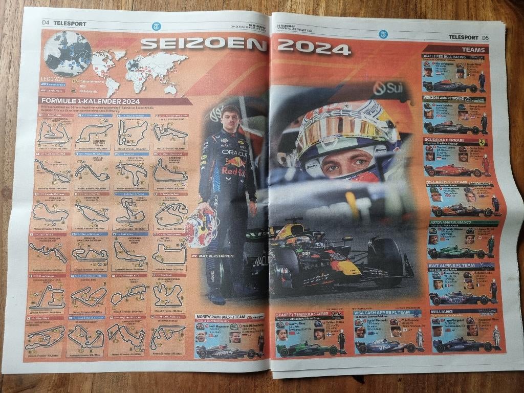 Formule 1-kalender 2024 met Max Verstappen (krant 2024), Ophalen of Verzenden, 1980 tot heden, Krant