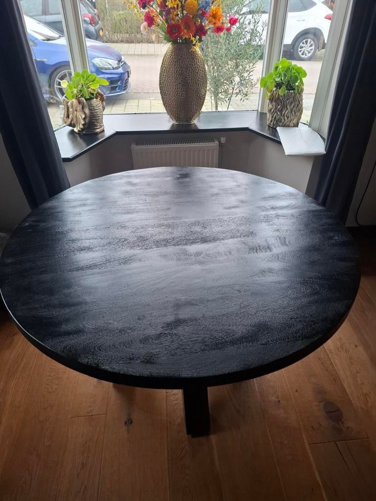 Mangohouten Eettafel Zwart - Rond 120cm, Ophalen, Rond, Zo goed als nieuw, Vier personen