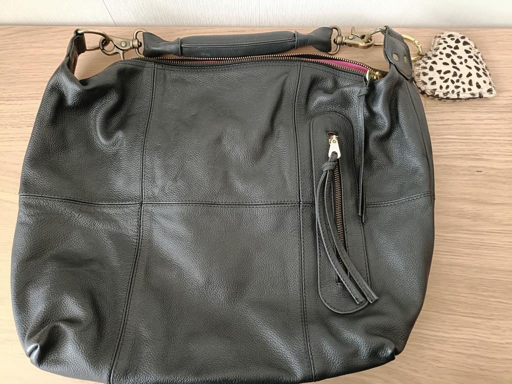 Zwarte Leren Fab Hobo Tas met RozeVoering en Luipaard Hartje, Ophalen of Verzenden, Gebruikt, Zwart, Overige merken