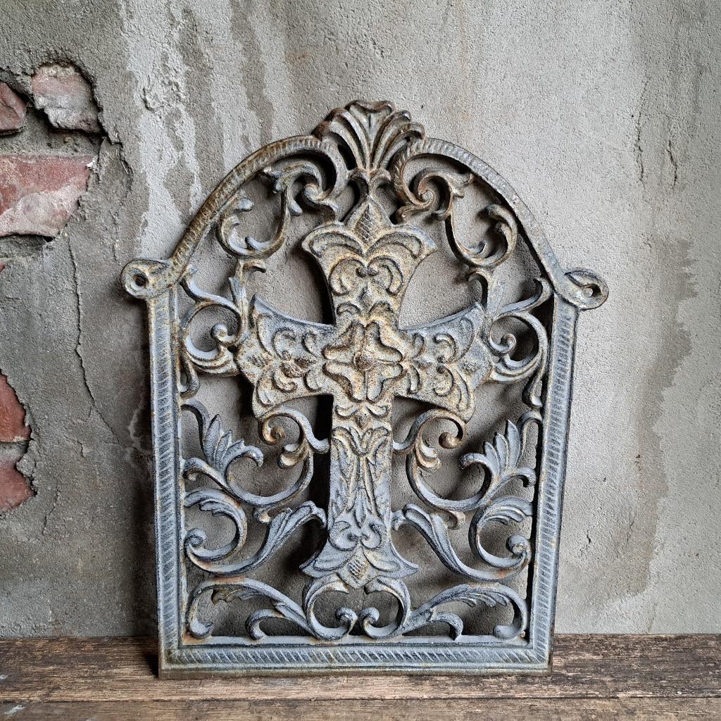 Brocante gietijzeren ornament rooster kruis 38x31cm *Etage3*, Gebruikt, ., Ophalen of Verzenden, .