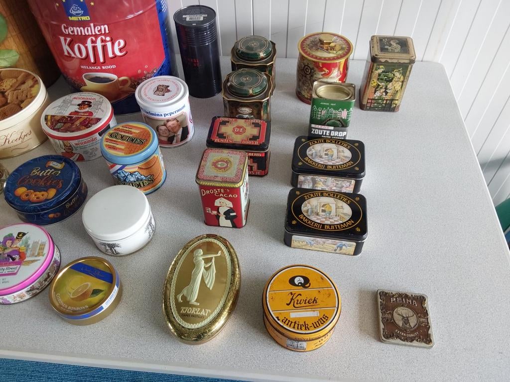 Grote collectie vintage blikken en trommels, Verzamelen, Blikken, Ophalen, Gebruikt, Overige, Overige merken