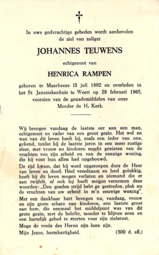 Teuwens Johannes Maarheeze 1892-1965 Weert, Ophalen of Verzenden
