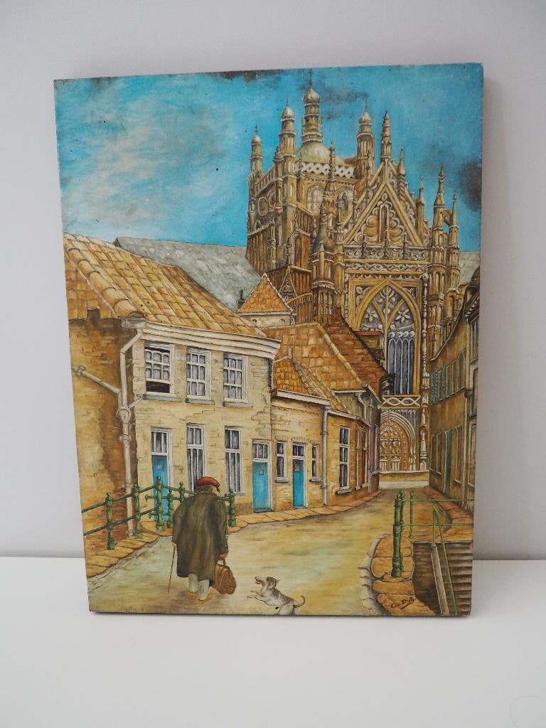 Olieverf schilderij op panel Gezicht op St. Jan, Antiek en Kunst, Ophalen of Verzenden