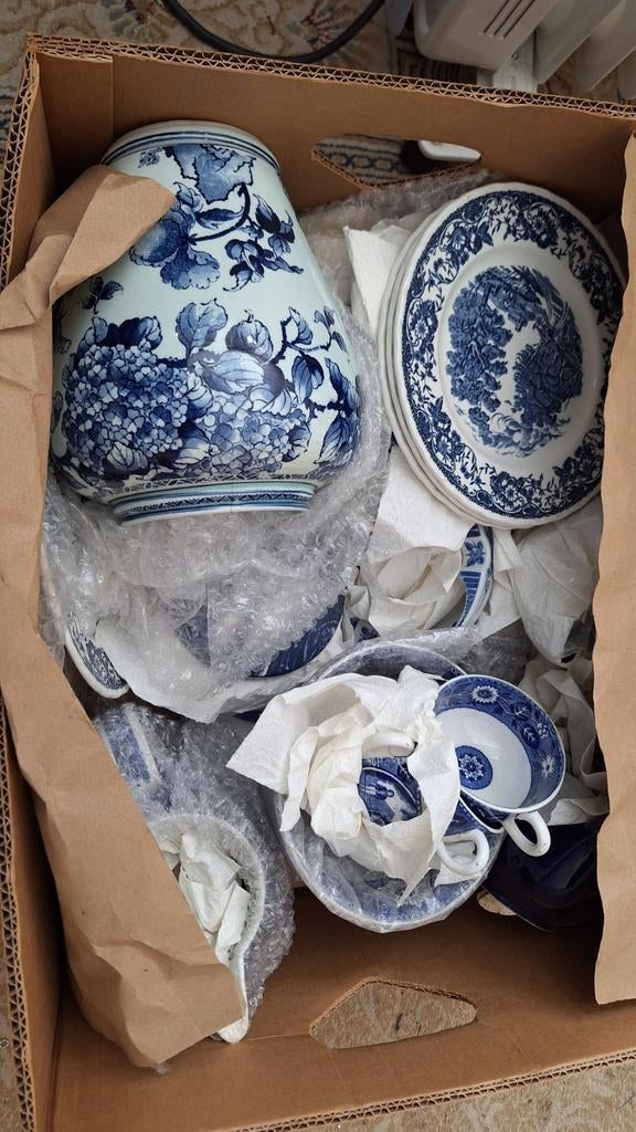 Antiek Delfts Blauw Servies en Vaas - Handgeschilderd, Ophalen of Verzenden