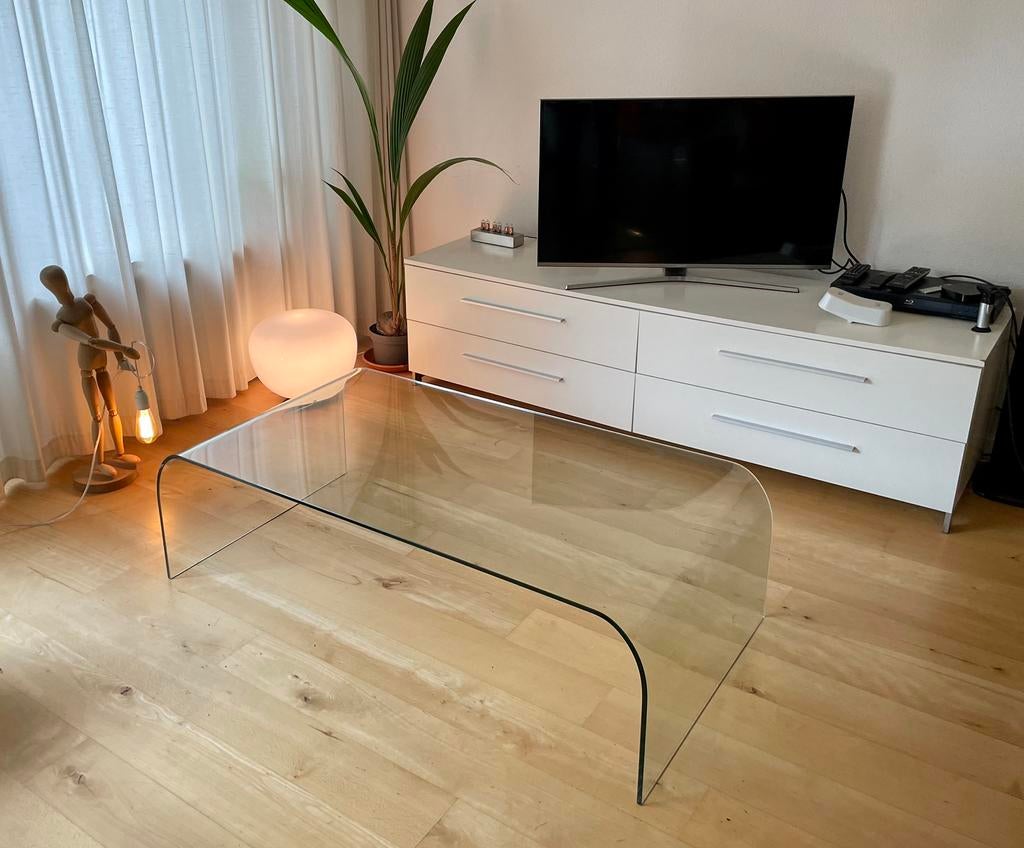 Glazen design strakke salontafel 130 x 70 x 38,5, 100 tot 150 cm, Minder dan 50 cm, Rechthoekig, Design modern