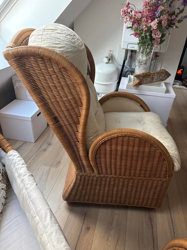 Rotan lounge stoel met kussen, Huis en Inrichting, Stoelen, Ophalen, Gebruikt, Overige kleuren, Riet of Rotan