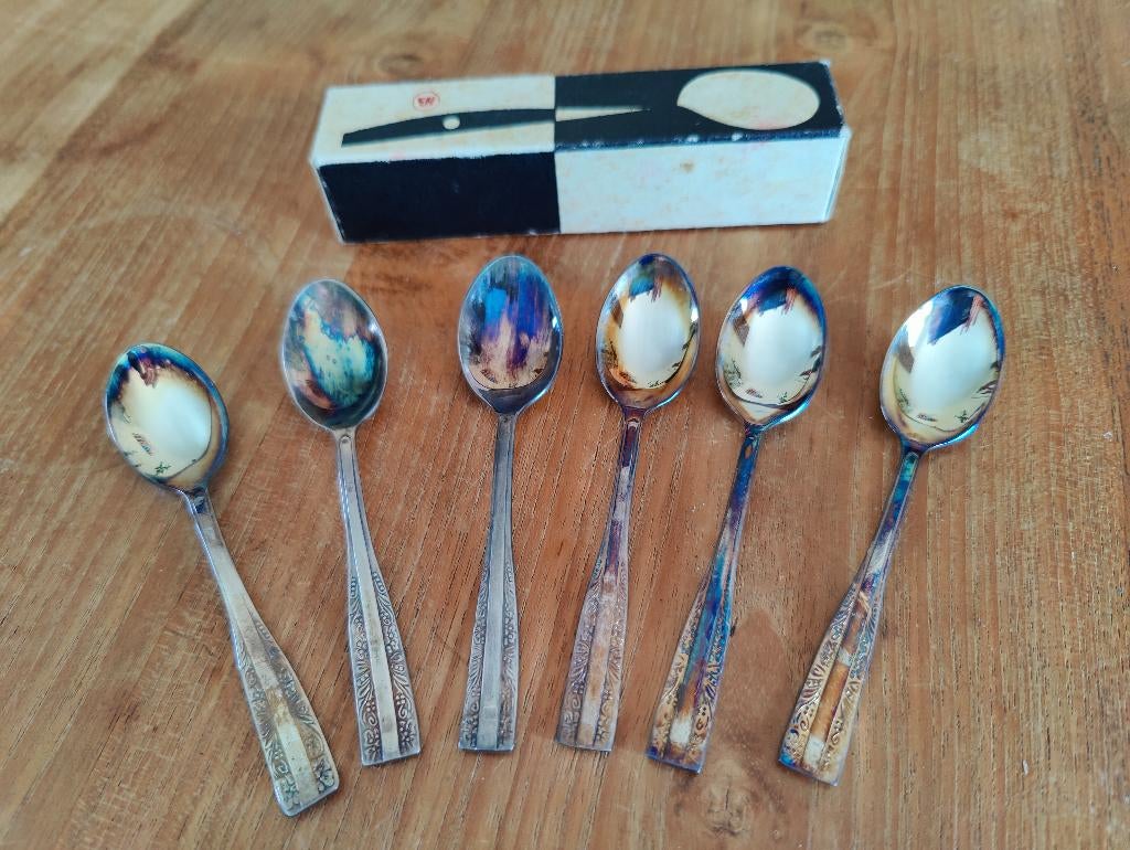 6 verzilverde lepeltjes in orginele doosje, Antiek en Kunst, Ophalen of Verzenden