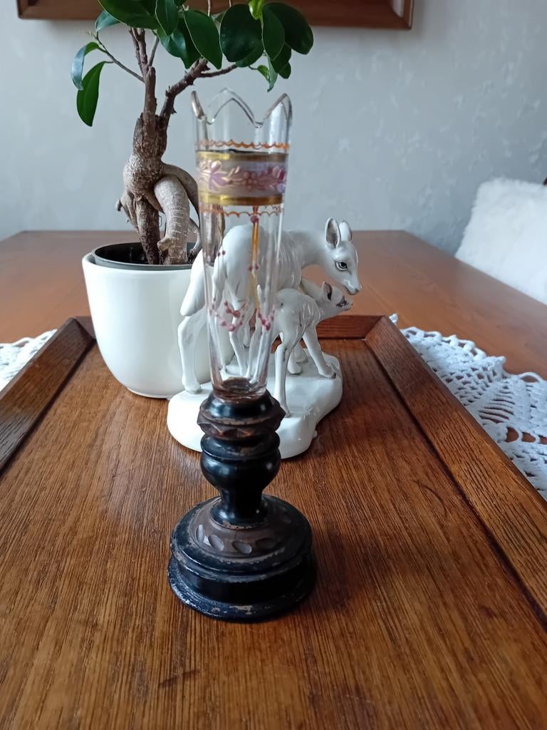 BIEDERMEIER VAASJE HOUT GLAS EMAILLE  GOUD BESCHILDERING, Antiek en Kunst, Antiek | Vazen, Ophalen of Verzenden