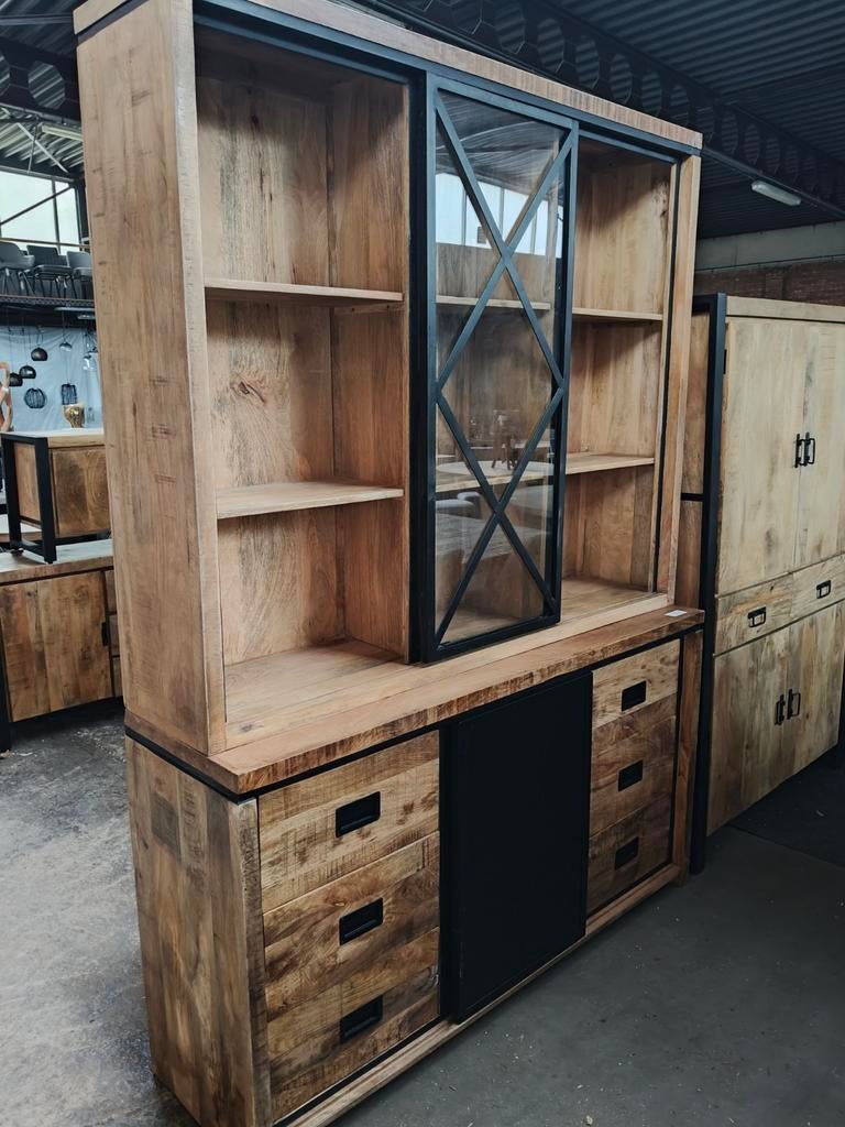 Buffetkast Mangohout 160x220x45 cm, Ophalen, 200 cm of meer, Industrieel, Landelijk, 150 tot 200 cm