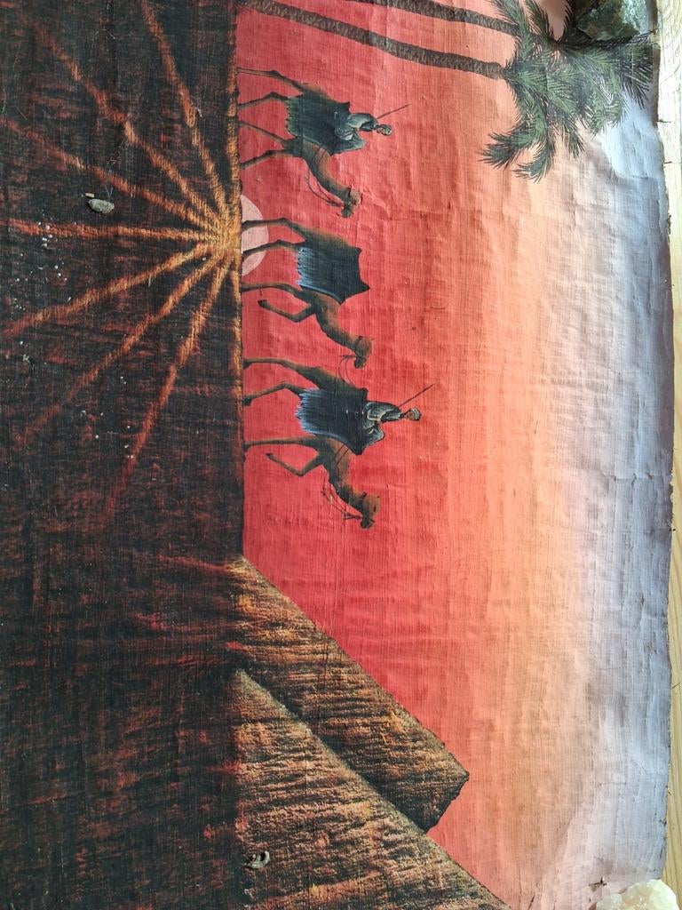 Oude Egyptische Papyrus Schilderij - Kamelen & Piramides, Ophalen of Verzenden