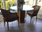 Glazen eettafel met twee bijpassende stoelen, Huis en Inrichting, Tafels | Eettafels, Ophalen, Grenenhout, Gebruikt, Rond