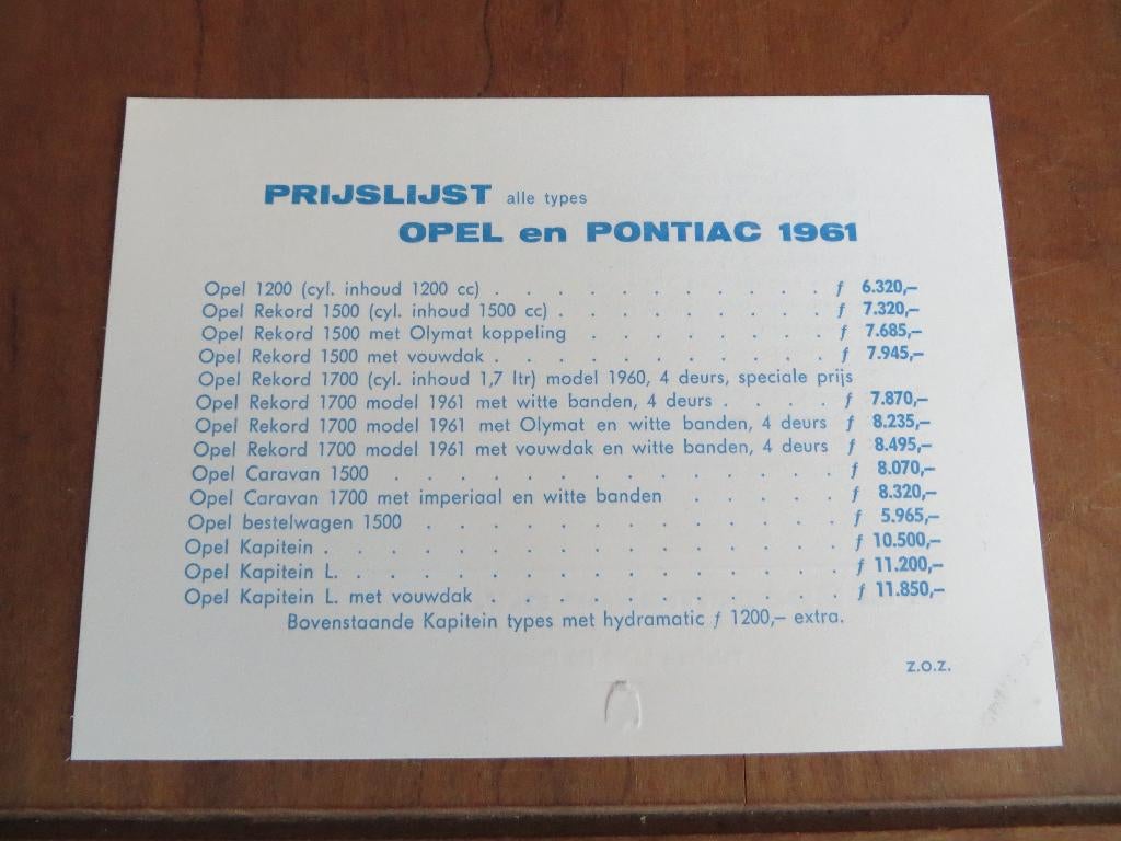 Prijslijst Opel en Pontiac 1961, Boeken, Opel, Zo goed als nieuw, Opel, Ophalen of Verzenden