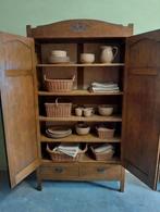 Demontabele eiken Art Deco kast met fraai houtsnijwerk, Ophalen of Verzenden, Zo goed als nieuw, Glas, Nvt