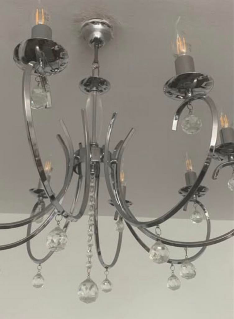 Moderne Kroonluchter met Kristallen - 8 Lichten, Ophalen, Zo goed als nieuw, Metaal