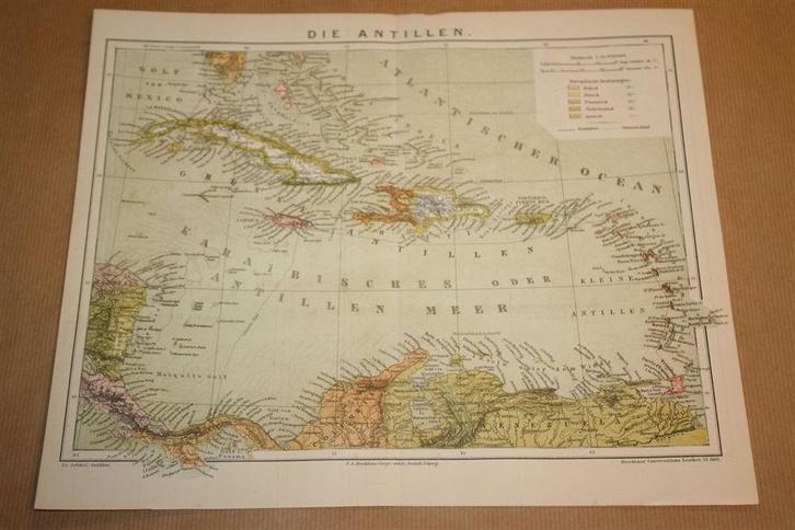Antieke kaart - Nederlandse Antillen - Circa 1885 !!, Boeken, Atlassen en Landkaarten, Gelezen, Landkaart, Nederland, 1800 tot 2000
