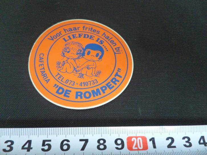 sticker  Den Bosch Cafetaria DE ROMPERT  Liefde is frites **, Verzamelen, Stickers, Zo goed als nieuw, Bedrijf of Vereniging, Ophalen