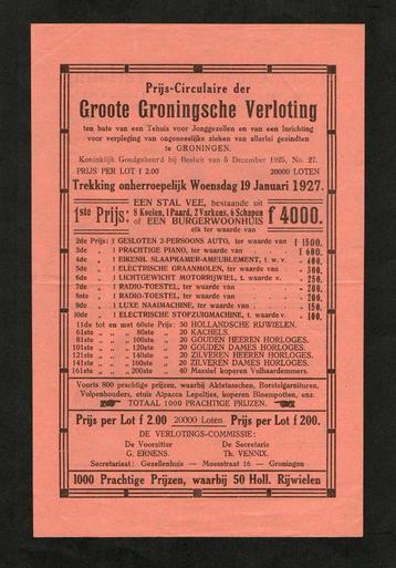 Flyer Groote Groningsche Verloting Auto Piano Motor Vee 1927 beschikbaar voor biedingen