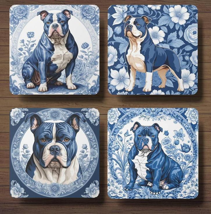 American Bully Delft Blauw onderzetters met houder, Huis en Inrichting, Woonaccessoires | Onderzetters, Nieuw, Glas of Kopje, Ophalen of Verzenden