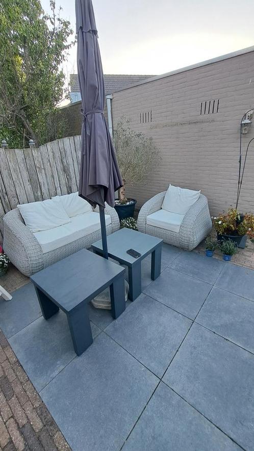 Exclusief lichtgrijs/crème loungeset, Tuin en Terras, Tuinsets en Loungesets, Gebruikt, Loungeset, Wicker, 5 zitplaatsen, Bank