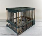 Vintage Frans groen houten vogelkooi met ruif en voerpotje, Ophalen of Verzenden