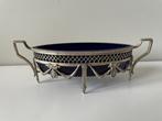 Zilveren schuitvormig schaaltje / jardinière met blauw glas, Ophalen of Verzenden, Zilver