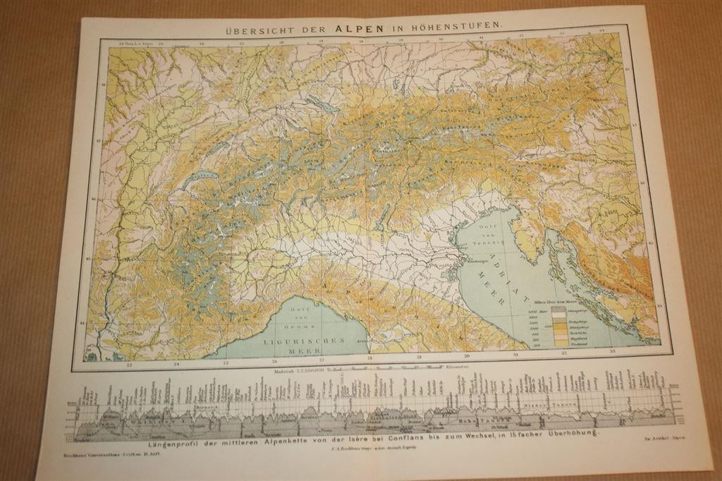 Antieke hoogtekaart van de Alpen - circa 1885 !!, Boeken, Atlassen en Landkaarten, Gelezen, Ophalen of Verzenden, Landkaart, 1800 tot 2000