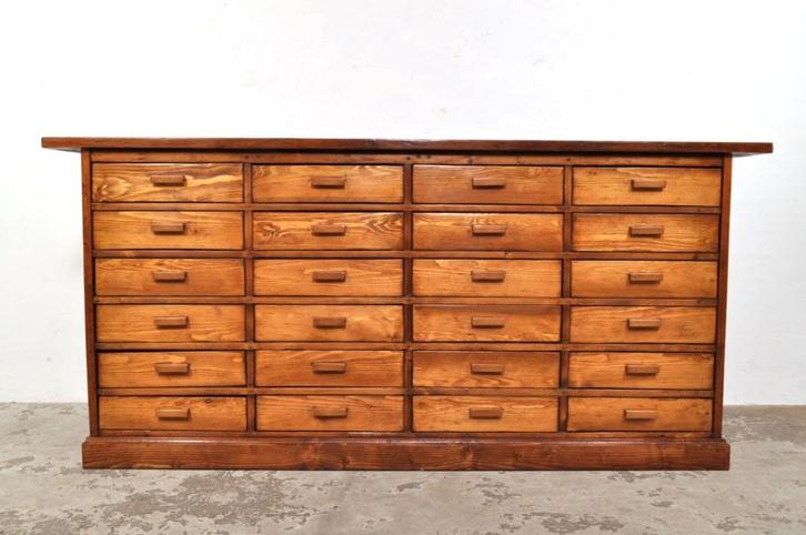 Vintage ladekast pitch pine notenhout 24 laden jaren 50, Huis en Inrichting, Kasten | Ladekasten, Gebruikt, Minder dan 100 cm