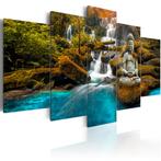665 Buddha Natuur Waterval 5 Luik Canvas Schilderij 200x100, Nieuw, 125 cm of meer, Ophalen of Verzenden, Schilderij