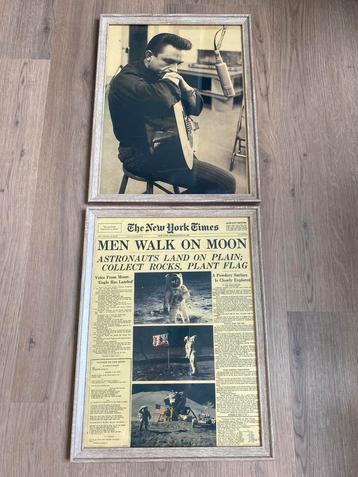 2 Ingelijste Vintage Prints – Johnny Cash & Maanlanding beschikbaar voor biedingen