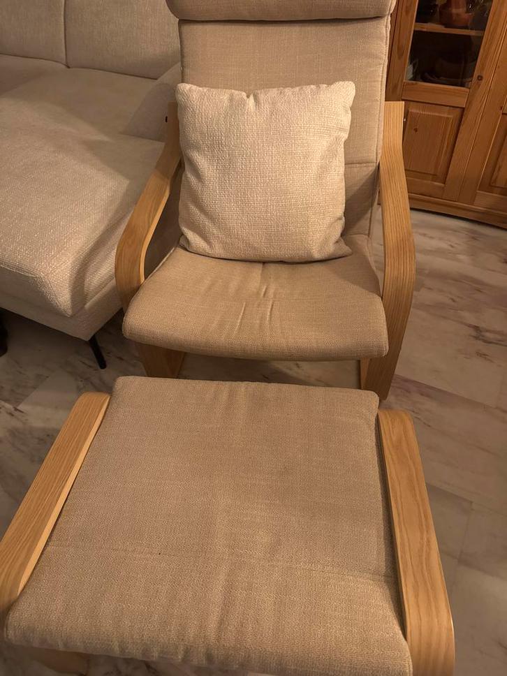 IKEA Stoel met Hocker - Relaxfauteuil, Huis en Inrichting, Stoelen, Gebruikt, Eén, Hout, Wit, Ophalen of Verzenden