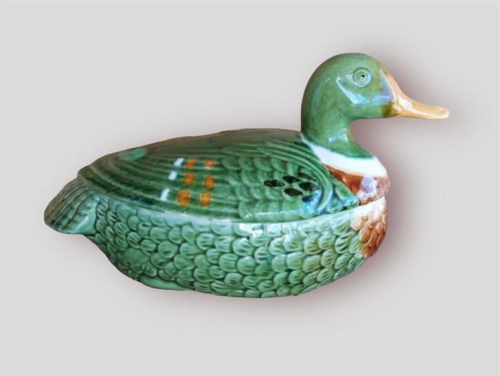 Grote groene eend Michel Caugant pate vorm izgst, Antiek en Kunst, Antiek | Schalen, Ophalen of Verzenden