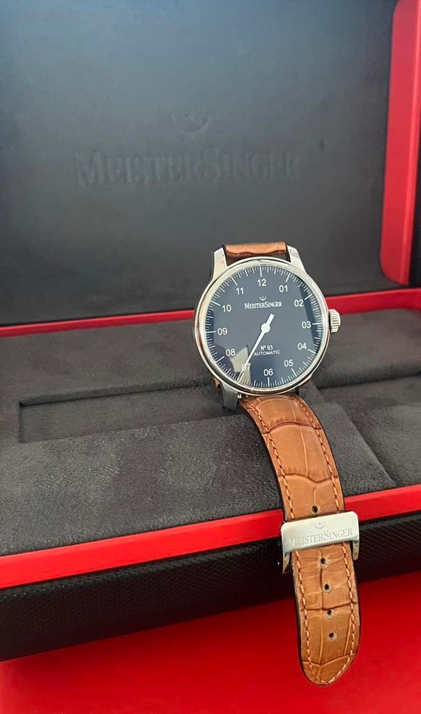 Meistersinger no3, Sieraden, Tassen en Uiterlijk, Horloges | Heren, Zo goed als nieuw, Polshorloge, Overige merken, Staal, Leer