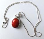 925 Zilveren set ketting & grote zilveren hanger Bloedkoraal, Ophalen, Zilver, Hanger, Met edelsteen