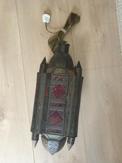 Oosterse hanglamp metaal en gekleurd glas, Huis en Inrichting, Lampen | Hanglampen, Zo goed als nieuw, Minder dan 50 cm, Glas