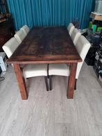 oude houten zware eettafel met 6 lederen stoelen, Ophalen, Gebruikt, 50 tot 100 cm, Vijf personen of meer