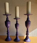 Set van 3 paarse metalen Riverdale kandelaars, Ophalen of Verzenden, Gebruikt, Metaal, 50 tot 75 cm